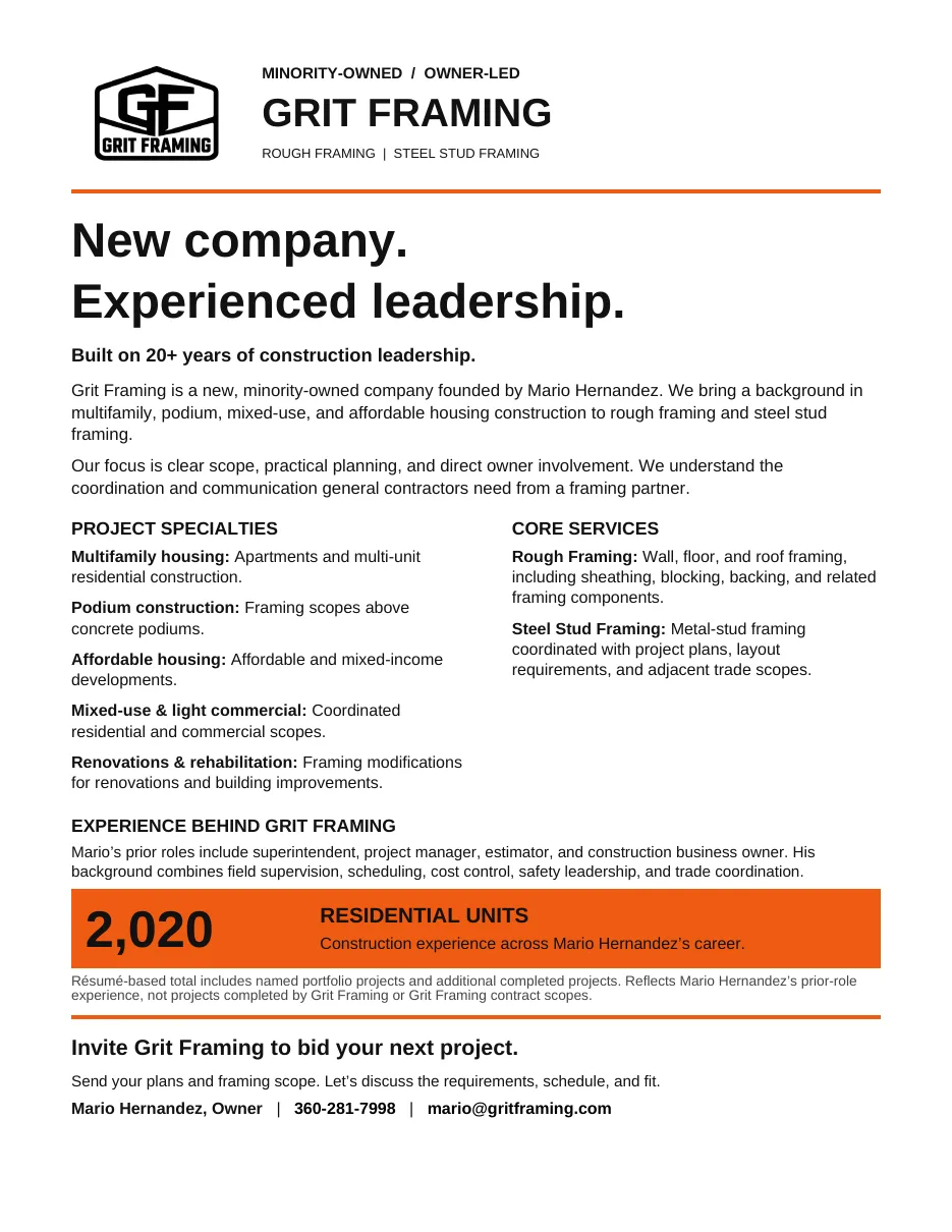 Grit Framing capability statement: company overview, project specialties, core services, and experience