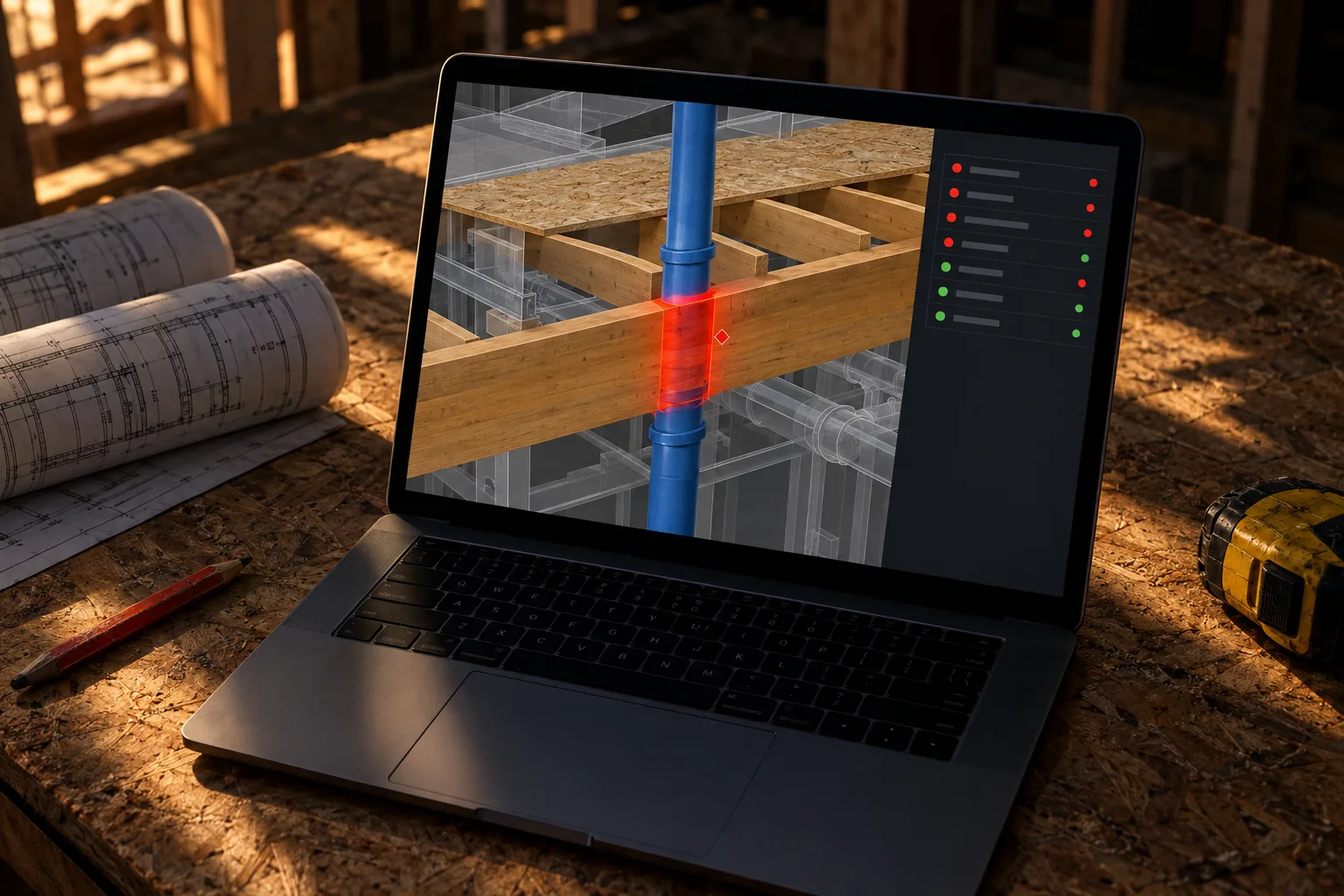 Laptop showing a 3D clash-detection model where a plumbing drain line runs through a wood beam, highlighted in red, beside rolled framing plans