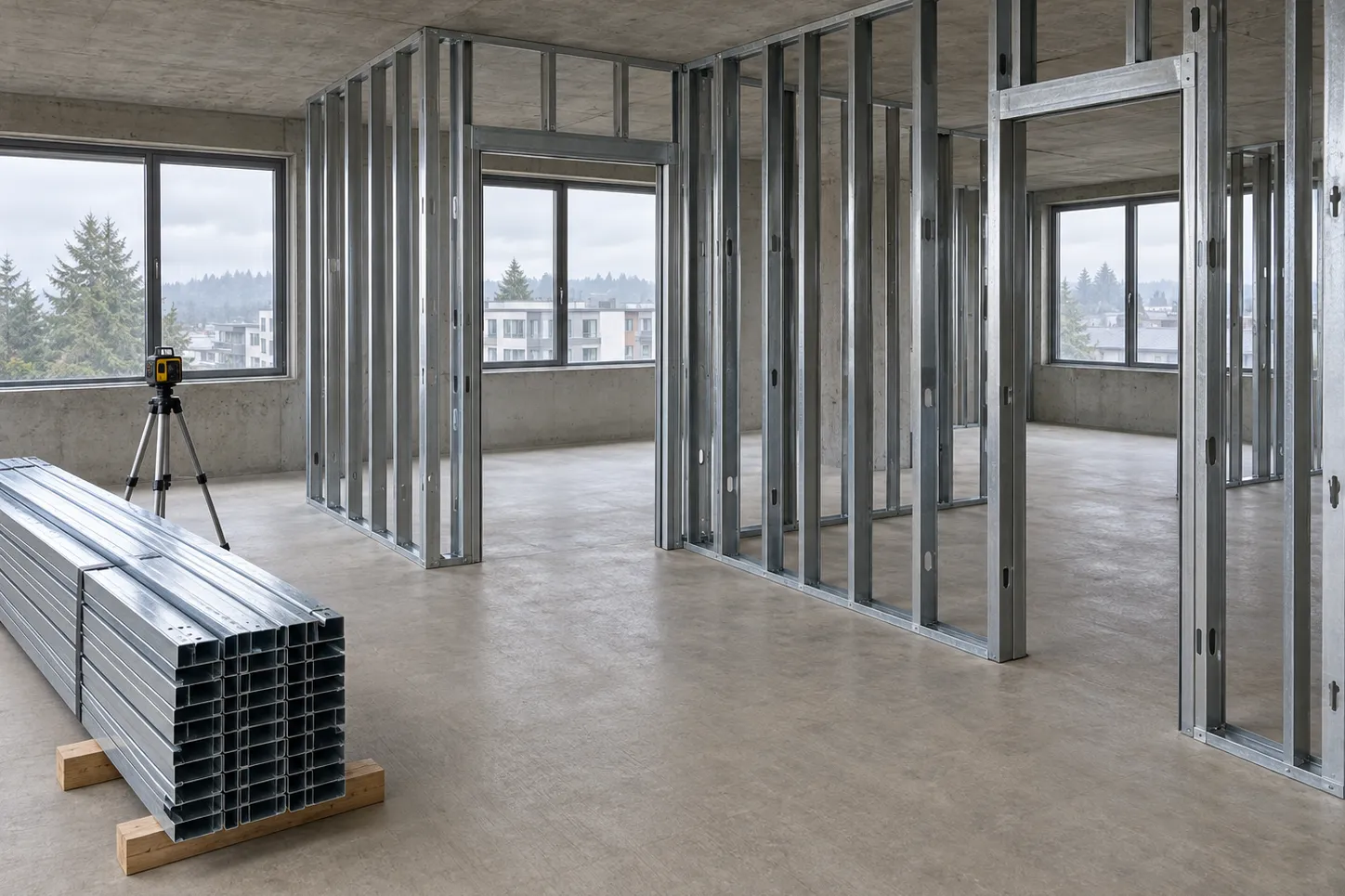 Interior partition walls framed with galvanized light-gauge steel studs and track